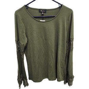 Melissa Peige Womens BOHO Top Large Olive Green Flared Lace Sleeve Casual New
